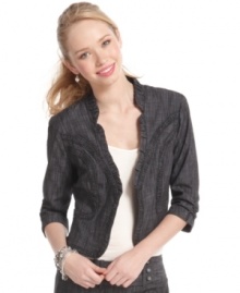 Denim gets all ruffled up in this cropped blazer from BCX that adds structure – and fun – to any outfit! Denim gets all ruffled up in this cropped blazer from BCX that adds structure – and fun – to any outfit!