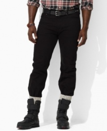 Constructed for a classic fit in black-washed denim, a sleek, modern jean is finished with subtle creasing at the points of wear for a hint of well-worn comfort. Constructed for a classic fit in black-washed denim, a sleek, modern jean is finished with subtle creasing at the points of wear for a hint of well-worn comfort.