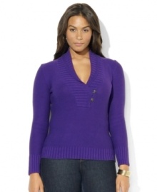 A polished shawl collar with elegant button closures lends timeless appeal to Lauren Ralph Lauren's soft cotton-blend sweater. A polished shawl collar with elegant button closures lends timeless appeal to Lauren Ralph Lauren's soft cotton-blend sweater.