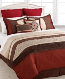 With a distinctly rustic feel, this Liana comforter set lends a rich color palette of red, brown and tan to your space. Luxe pleated and embroidered details add texture and intricacy to the set and finish off this charming look. With a distinctly rustic feel, this Liana comforter set lends a rich color palette of red, brown and tan to your space. Luxe pleated and embroidered details add texture and intricacy to the set and finish off this charming look.