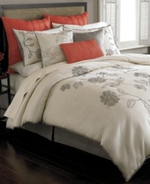 Collecting inspiration from Victorian-era textiles, the Etched Peony design from Martha Stewart Collection features inked illustrations of florals in stimulating color. A refreshing red perks up these graceful blossoms in rich, embroidered accents. Ivory and black linear stitching and piping enliven the set with contemporary flair. (Clearance) Collecting inspiration from Victorian-era textiles, the Etched Peony design from Martha Stewart Collection features inked illustrations of florals in stimulating color. A refreshing red perks up these graceful blossoms in rich, embroidered accents. Ivory and black linear stitching and piping enliven the set with contemporary flair. (Clearance)