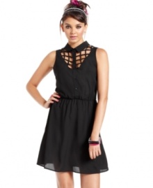 Lattice cutouts supply this femme a-line dress with major downtown edge! From Material Girl. Lattice cutouts supply this femme a-line dress with major downtown edge! From Material Girl.