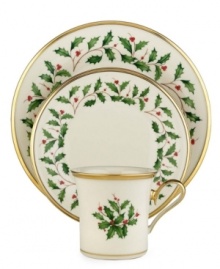 Lenox's popular holiday dinnerware pattern – a colorful holly and berry motif – on ivory fine china is the perfect way to add warmth to your decor. Trimmed with 24 karat gold. Lenox's popular holiday dinnerware pattern – a colorful holly and berry motif – on ivory fine china is the perfect way to add warmth to your decor. Trimmed with 24 karat gold.
