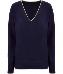 Classic meets contemporary-cool in Juicy Coutures super soft metallic-trimmed regal V-neck cashmere pullover - V-neckline, long sleeves, embroidered logo, fine ribbed trim - Style with favorite skinnies, leggings, mini-skirts or cords