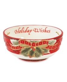 Perfect accessory for the holidays from Fitz and Floyd's collection of serveware and serving dishes. Festively decorated in red and green and inscribed with a holiday sentiment, Damask Sentiment bowl will be a treasured addition to any collection. Perfect accessory for the holidays from Fitz and Floyd's collection of serveware and serving dishes. Festively decorated in red and green and inscribed with a holiday sentiment, Damask Sentiment bowl will be a treasured addition to any collection.