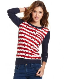 Warm-up in patriotic style! Red and white stripes plus a polka dot print totally evokes the American flag. Warm-up in patriotic style! Red and white stripes plus a polka dot print totally evokes the American flag.