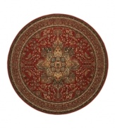 With regal designs that pay homage to the ancient art of rug-making, this piece imparts a classic, yet modern feel with rich colors that reflect the most popular looks of today. Featuring a dramatic center medallion, sweeping out in a burst of branches and blossoms, and accented in deep tones of antique red. Meticulous power-loom construction with Couristan's patented locked-in-weave and crystal-point finish. 25-year limited warranty.