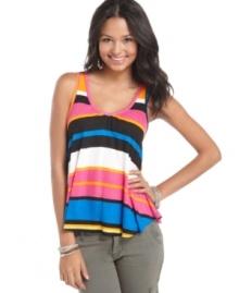 A top that's sure to brighten your day: Try this vividly striped Ultra Teeze tank, with it's colorful pattern and swingy style! A top that's sure to brighten your day: Try this vividly striped Ultra Teeze tank, with it's colorful pattern and swingy style!
