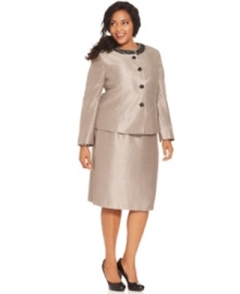 Refined shantung fabric and sleek silhouettes create an elegant plus size ensemble, from Kasper. Sparkling faceted stones give this look an extra dose of glamour.