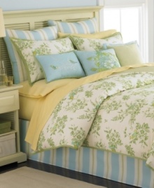 Fly the nest. Martha Stewart Collection brings nature-inspired beauty to your room with this Bluebird Garden comforter set, featuring blooming florals and a smattering of perched bluebirds in a cheery palette of yellow, green and blue. Complete the look with three decorative pillows for a classically charming look. Fly the nest. Martha Stewart Collection brings nature-inspired beauty to your room with this Bluebird Garden comforter set, featuring blooming florals and a smattering of perched bluebirds in a cheery palette of yellow, green and blue. Complete the look with three decorative pillows for a classically charming look.