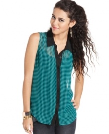 Fun and effortless! A peek-a-boo cutout at the back adds signature quirk to this easy, breezy plaid blouse from Material Girl. Fun and effortless! A peek-a-boo cutout at the back adds signature quirk to this easy, breezy plaid blouse from Material Girl.