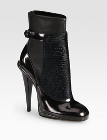 Glossy patent leather, ultra-soft calf hair and matte leather form this tall silhouette hitting above the ankle. Stacked heel, 4½ (115mm)Calf hair, leather and patent leather upperPatent leather strap with snap closureLeather lining and solePadded insoleMade in Italy Glossy patent leather, ultra-soft calf hair and matte leather form this tall silhouette hitting above the ankle. Stacked heel, 4½ (115mm)Calf hair, leather and patent leather upperPatent leather strap with snap closureLeather lining and solePadded insoleMade in Italy