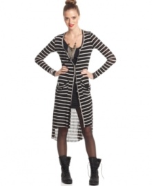 Living Doll's striped duster with draped front pockets is perfect for lightweight layering -- pair it with a miniskirt and a fitted top! Living Doll's striped duster with draped front pockets is perfect for lightweight layering -- pair it with a miniskirt and a fitted top!