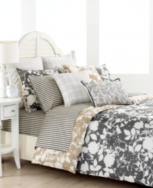 The Mont Clair comforter set incorporates distressed floral stencils in charcoal with a reversed pattern in natural flax. Minimal in color, yet vibrant in pattern, this set from Tommy Hilfiger is perfect for achieving gorgeously understated bedroom style. (Clearance) The Mont Clair comforter set incorporates distressed floral stencils in charcoal with a reversed pattern in natural flax. Minimal in color, yet vibrant in pattern, this set from Tommy Hilfiger is perfect for achieving gorgeously understated bedroom style. (Clearance)