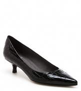 Kitten heel meets embossed croc in these elegantly crafted Stuart Weitzman pointed toe pumps.